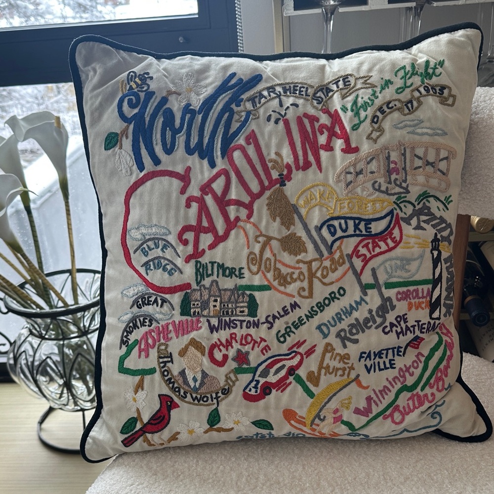 Rare Catstudio Hand Embroidered North Carolina Pillow